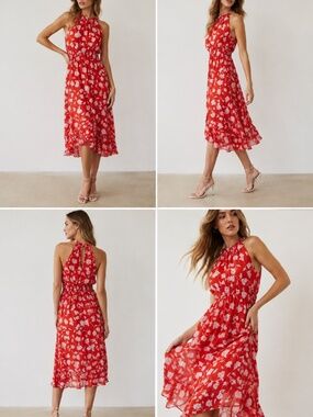 Red Floral Halter Midi Dress | Chiffon Fit & Flare Dress with Lining